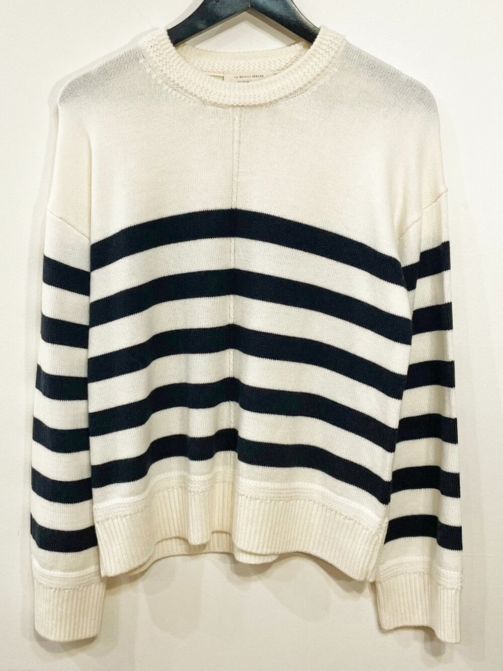 Like New Sezane Bastien 100% Wool Striped Sweater Ecru Navy Medium - Picture 3 of 8